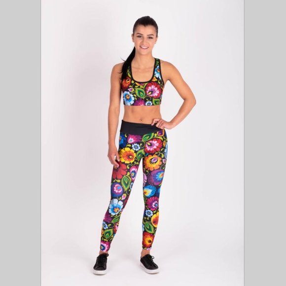NWT fitness women woman leggings sport folklore flowers long Polish Polska new - Picture 5 of 8